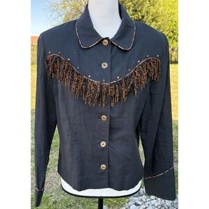New Frontier Women's Fringe Shirt Size Large Western Vintage Top Charcoal Black
